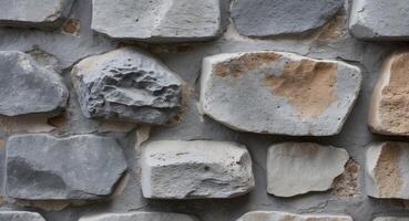 Rustic gray stone wall with irregularly shaped rocks and mortar for a timeless earthy texture. photo