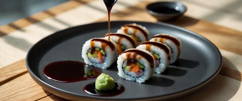 Savoring delicious sushi rolls drizzled with sauce served on a stylish black plate with soy sauce on a wooden table photo