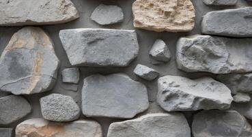 Rustic gray stone wall with irregularly shaped rocks and mortar for a timeless earthy texture photo
