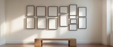 Serene Interior Scene with Empty Picture Frames and Bench. photo