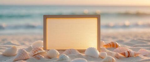 Soft Golden Sunlight Reflecting on a Blank Screen Surrounded by Seashells on a Sandy Beach with Ocean Waves Blurred in the Background during a Serene Sunset. photo