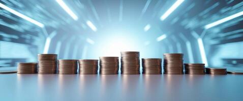 Stacks of coins on table with digital background representing finance photo