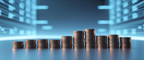 Stacks of coins on table with digital background representing finance. photo