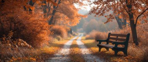 tranquil autumn park with bench beside winding path. photo