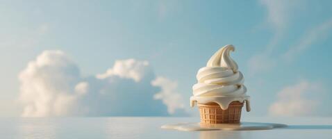 Vanilla ice cream cone melting under the sun with clouds in the background photo