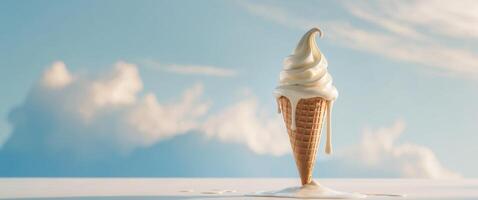 Vanilla ice cream cone melting under the sun with clouds in the background. photo