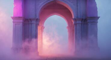 Vibrant Archway Illuminated by Pink and Purple Light in a Dreamy Foggy Setting photo