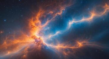 Vibrant Cosmic Nebula with Fiery Orange and Deep Blue Tones in Outer Space Illuminating the Galactic Background Ideal for Inspirational Text Copy Space. photo