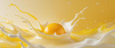 Vivid splash of egg yolk surrounded by creamy milk waves on a bold yellow background photo