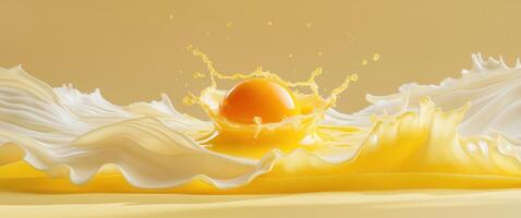 Vivid splash of egg yolk surrounded by creamy milk waves on a bold yellow background. photo