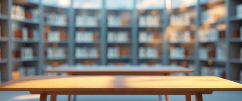 Wooden Table in Modern Library with Blurred Background and Natural Light Filling the Space photo