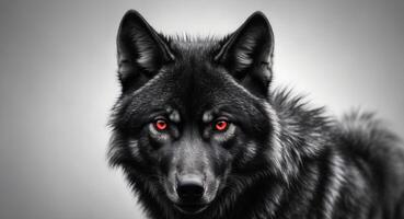 A black wolf with red eyes staring at the camera. photo