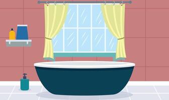 Flat Design Illustration of Bathtub in Net Bathroom at Home with Curtain on the Window vector