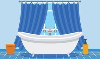 Flat Design Illustration of Bathtub in Clear Bathroom at Home with Curtain on the Window vector