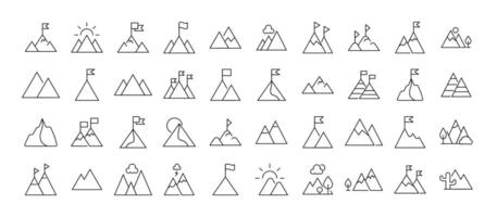 Collection of Signs of mountains as symbol of travel and hiking. Suitable for books, stores, shops. Editable stroke in minimalistic outline style. Symbol for design vector