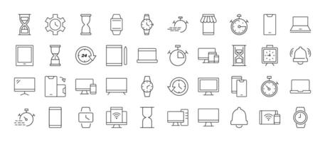 Collection of Line Icons of timer, clock, computer, phone, smartwatch for Adverts. Suitable for books, stores, shops. Editable stroke in minimalistic outline style. Symbol for design vector