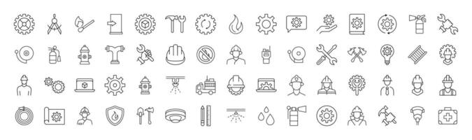 Collection of Signs of firefighter, engineer, builder. Suitable for books, stores, shops. Editable stroke in minimalistic outline style. Symbol for design vector