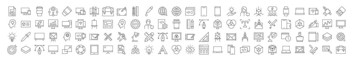 Collection of Icons of programming, coding, web design, engineering for Shops and Stores. Suitable for books, stores, shops. Editable stroke in minimalistic outline style. Symbol for design vector