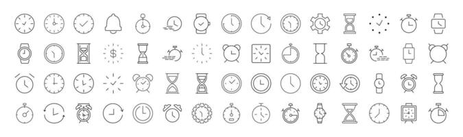 Signs of clock, alarm clock, hourglass for Shops and Stores. Suitable for books, stores, shops. Editable stroke in minimalistic outline style. Symbol for design vector
