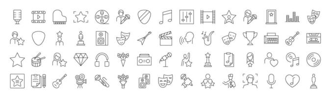 Collection of Line Icons of actor, singer, music and theatre. Suitable for books, stores, shops. Editable stroke in minimalistic outline style. Symbol for design vector