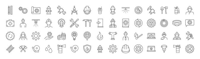 Collection of Line Icons of firefighter, engineer, builder for Adverts. Suitable for books, stores, shops. Editable stroke in minimalistic outline style. Symbol for design vector