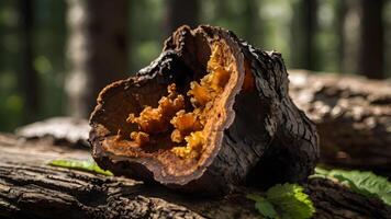 Sunlit Chaga Mushroom on Birch Log in Forest photo