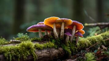 Vibrant Multicolored Fungi Cluster on Mossy Log in Forest photo