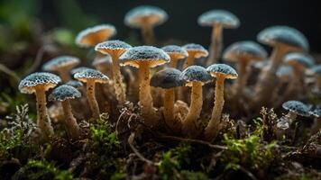 Cluster of Miniature Blue Gray Mushrooms in Mossy Forest Floor photo