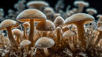 Microscopic View of Thriving Mushroom Mycelium and Spores photo