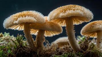 Enchanting Cluster of Delicate Orange Mushrooms in Mossy Forest photo