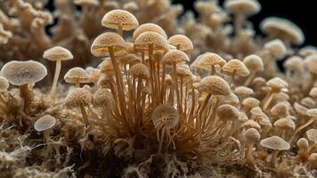 Cluster of Delicate Brown Mushrooms in Dark Forest Setting photo