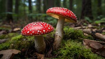 Two Red Fly Agaric Mushrooms in Forest Moss photo