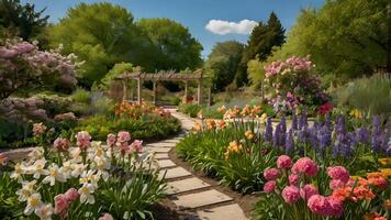 Serene Spring Garden Path Blooming with Colorful Flowers photo