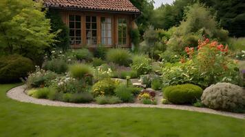 Serene Cottage Garden with Lush Greenery and Vibrant Blooms photo