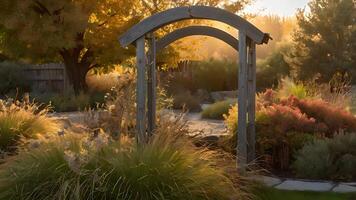 Sunlit Autumn Garden Archway with Ornamental Grasses photo