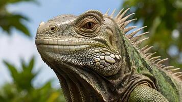 Close Up of Green Iguana with Spiked Crest and Blinking Eye photo