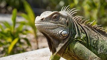 Closeup of a Green Iguana with a Blurry Background of Green Plants photo