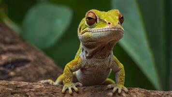 Closeup of a Green Gecko with Bright Yellow Spots on a Brown Branch photo