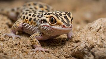 Leopard Gecko Lizard Close Up Portrait in Desert Sand photo