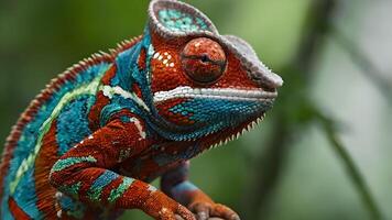 A Vibrant Chameleon Perched on a Branch, Displaying Its Colorful Skin and Striking Eyes photo