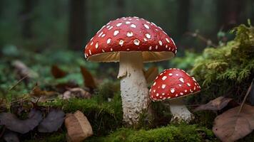 Enchanting Red Mushrooms in Autumn Forest photo