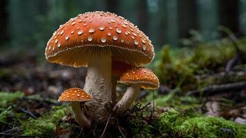 Enchanting Trio of Poisonous Amanita Mushrooms in Forest photo