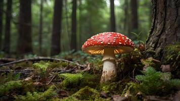 Close Up Of A Enchanting Amanita Muscaria Mushroom in Forest photo