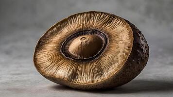 Halved Portobello Mushroom Closeup on Gray Background photo