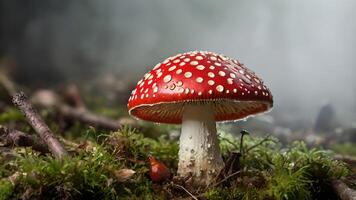 Enchanting Red Toadstool in Misty Forest photo