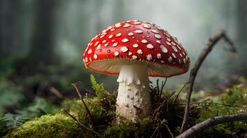 Enchanting Red Mushroom in Misty Forest photo