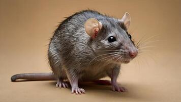 A Gray Rat Perches On A Beige Background With Its Tail Wrapped Around Its Torso photo
