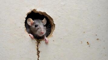 Rat Peeking Out Of A Hole In A White Wall photo