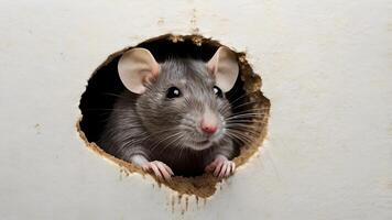 Rat Peering Out From a Hole in a White Wall photo