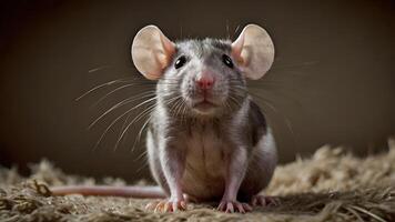 Adorable Grey Rat With Big Ears Sitting On A Brown Surface photo